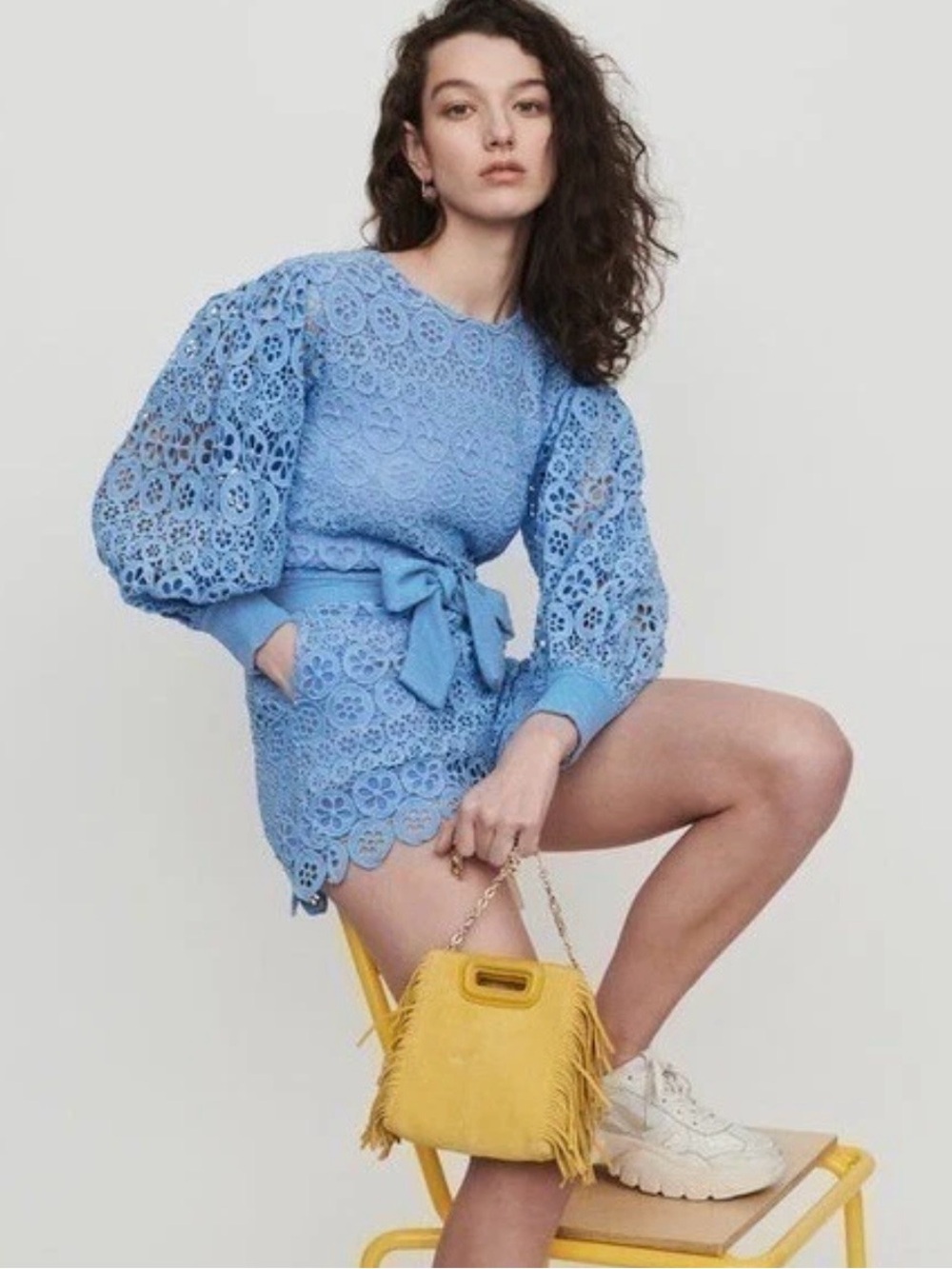 Maje Light Blue Lace Puff-Sleeve Romper with Waist Tie